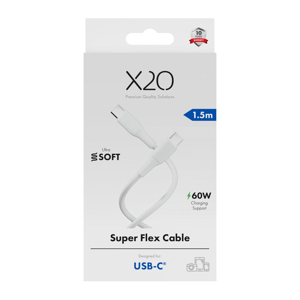 X2O Superflex 60W USB-C til USB-C Kabel - 1.5m - Hvit