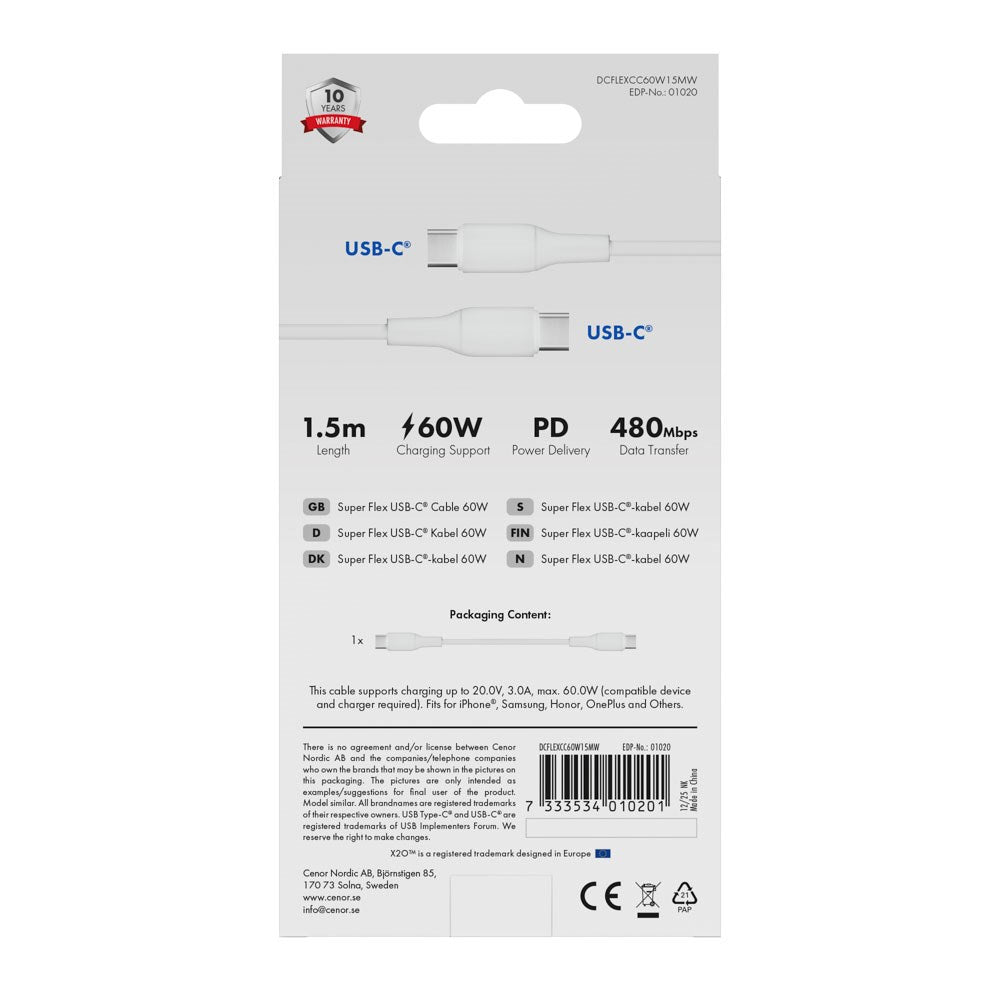 X2O Superflex 60W USB-C til USB-C Kabel - 1.5m - Hvit