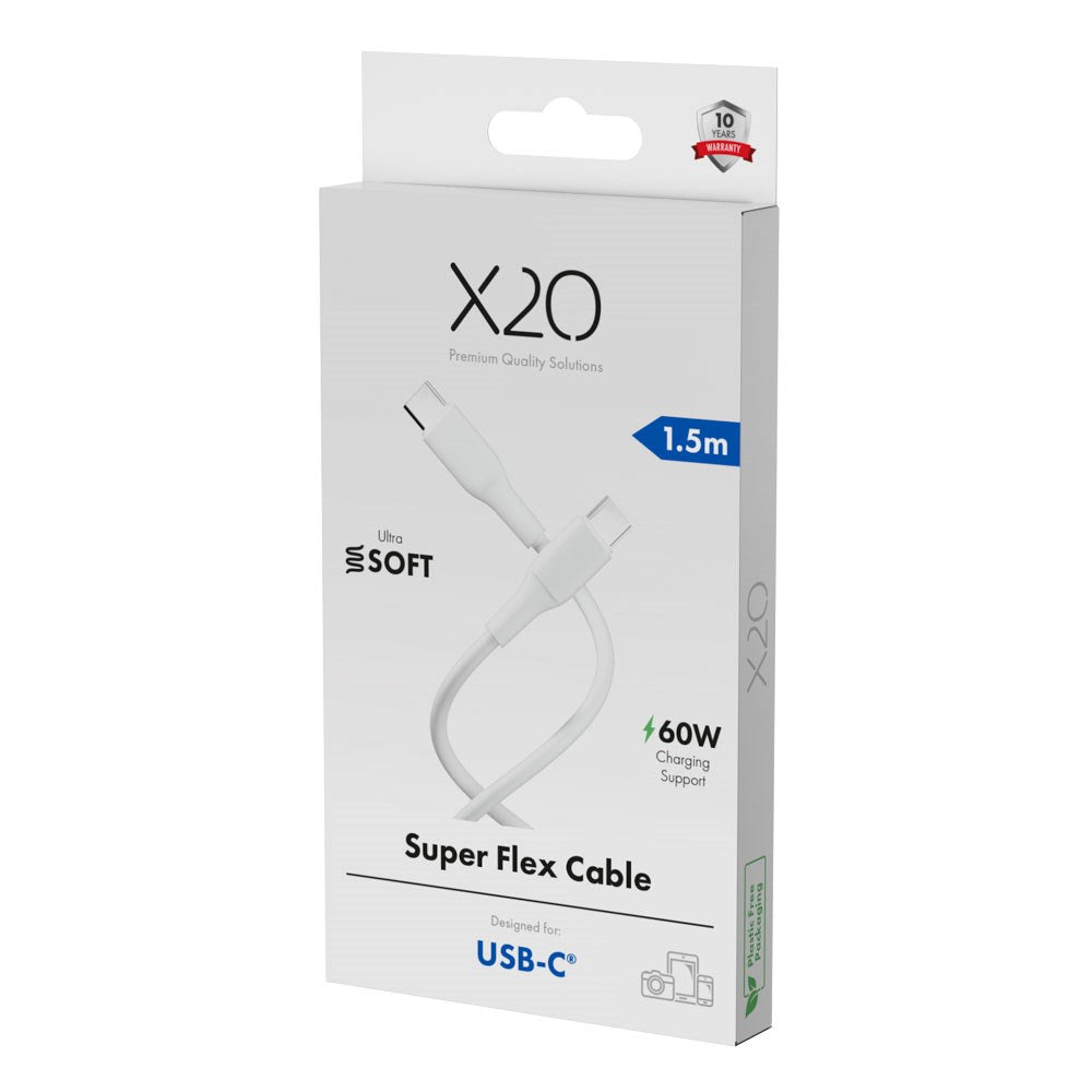 X2O Superflex 60W USB-C til USB-C Kabel - 1.5m - Hvit