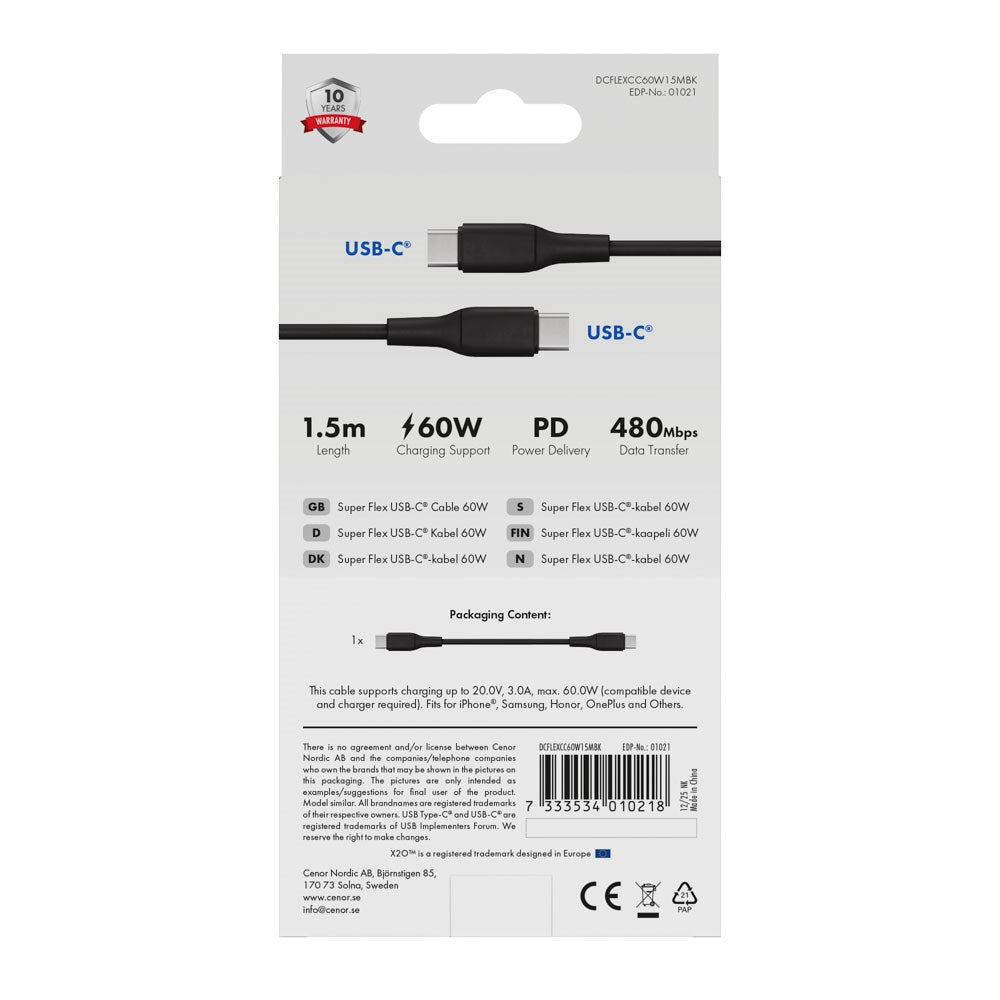 X2O Superflex 60W USB-C til USB-C Kabel - 1.5m - Svart