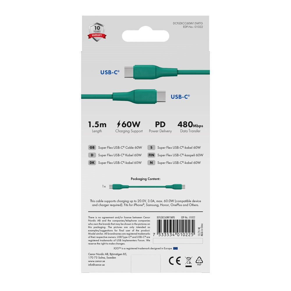 X2O Superflex 60W USB-C til USB-C Kabel - 1.5m - Grønn