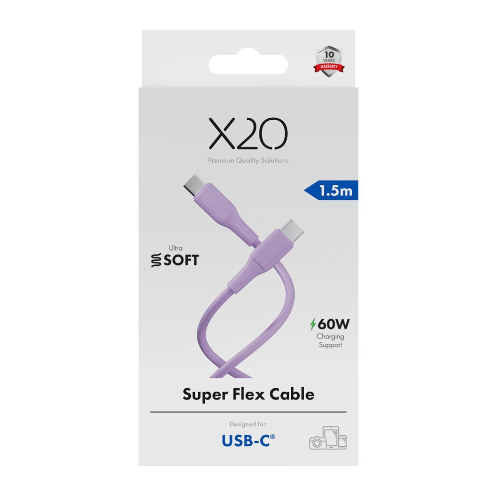 X2O Superflex 60W USB-C til USB-C Kabel - 1.5m - Lilla