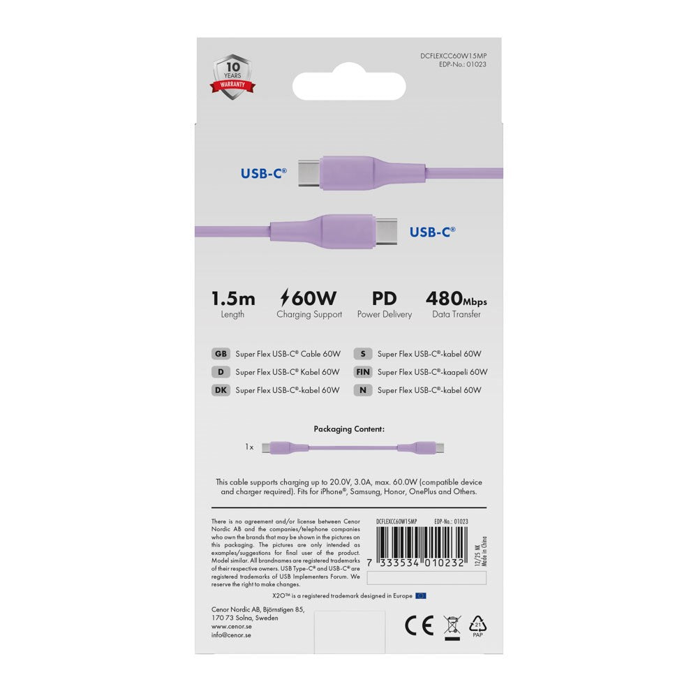 X2O Superflex 60W USB-C til USB-C Kabel - 1.5m - Lilla