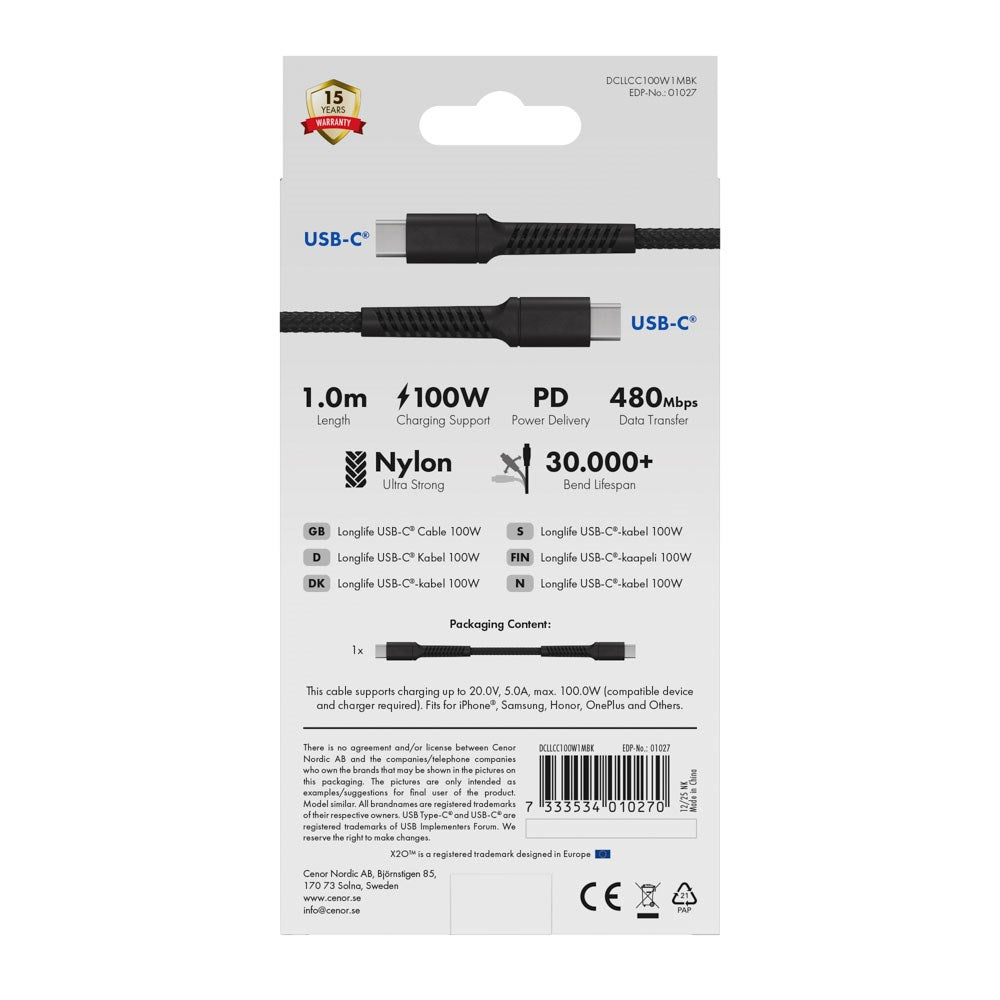 X2O Longlife 100W USB-C til USB-C Kabel - 1m - Svart