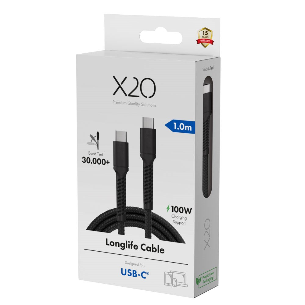 X2O Longlife 100W USB-C til USB-C Kabel - 1m - Svart