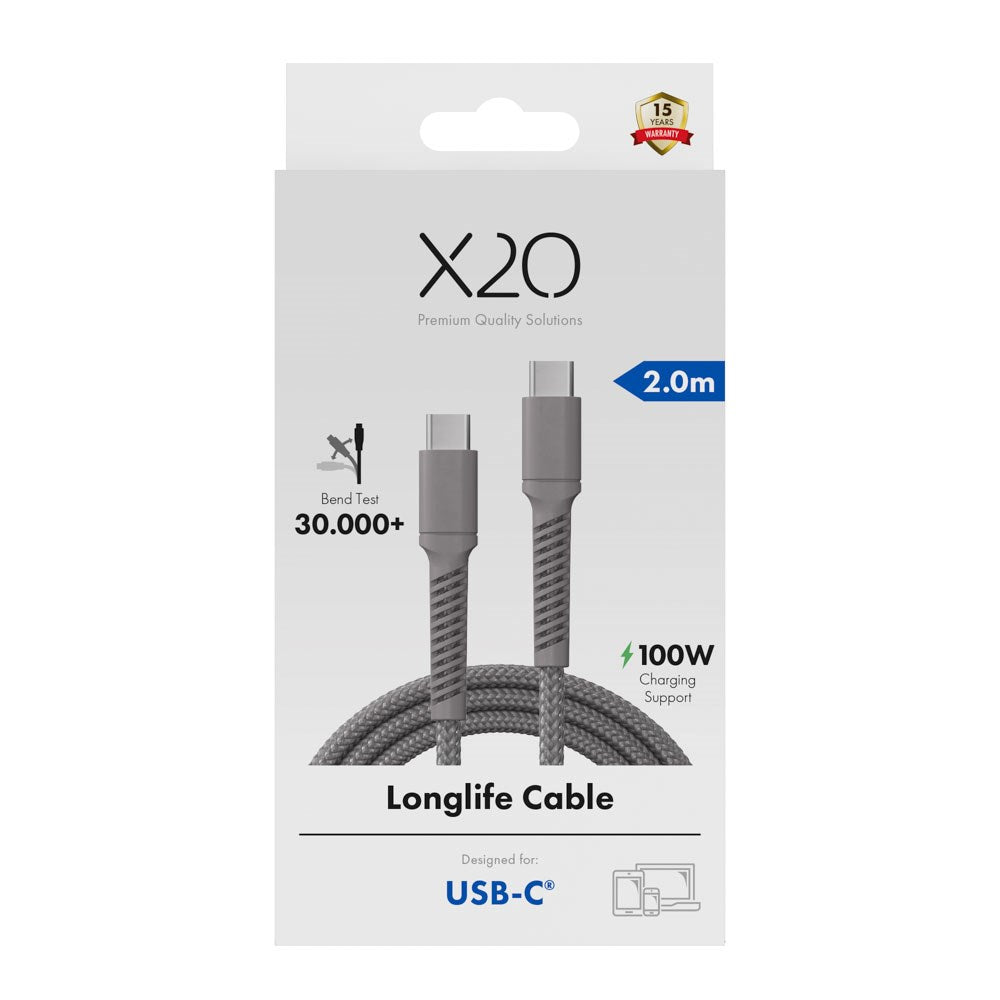 X2O Longlife 100W USB-C til USB-C Kabel - 2m - Grå