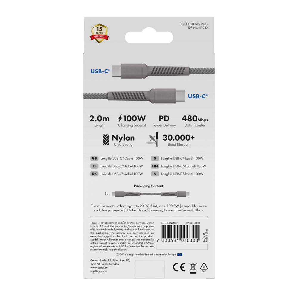 X2O Longlife 100W USB-C til USB-C Kabel - 2m - Grå