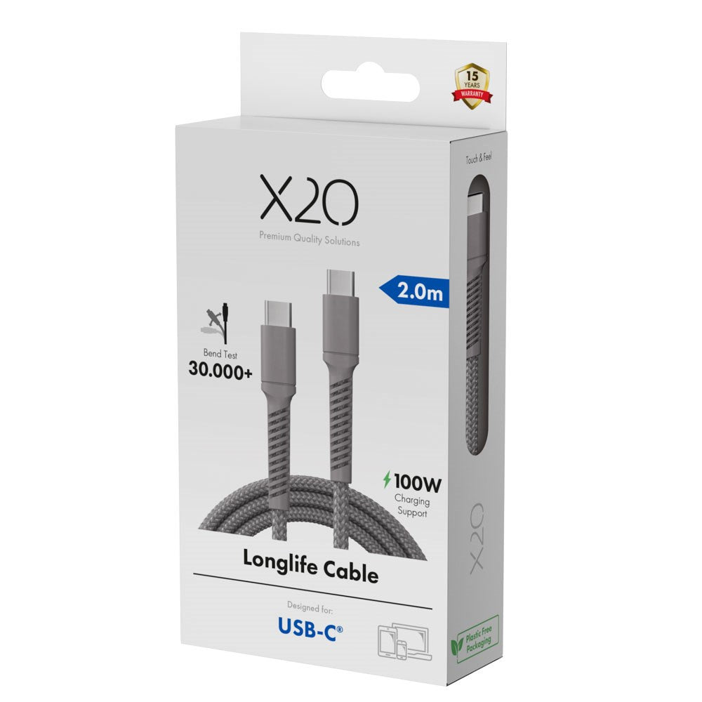 X2O Longlife 100W USB-C til USB-C Kabel - 2m - Grå