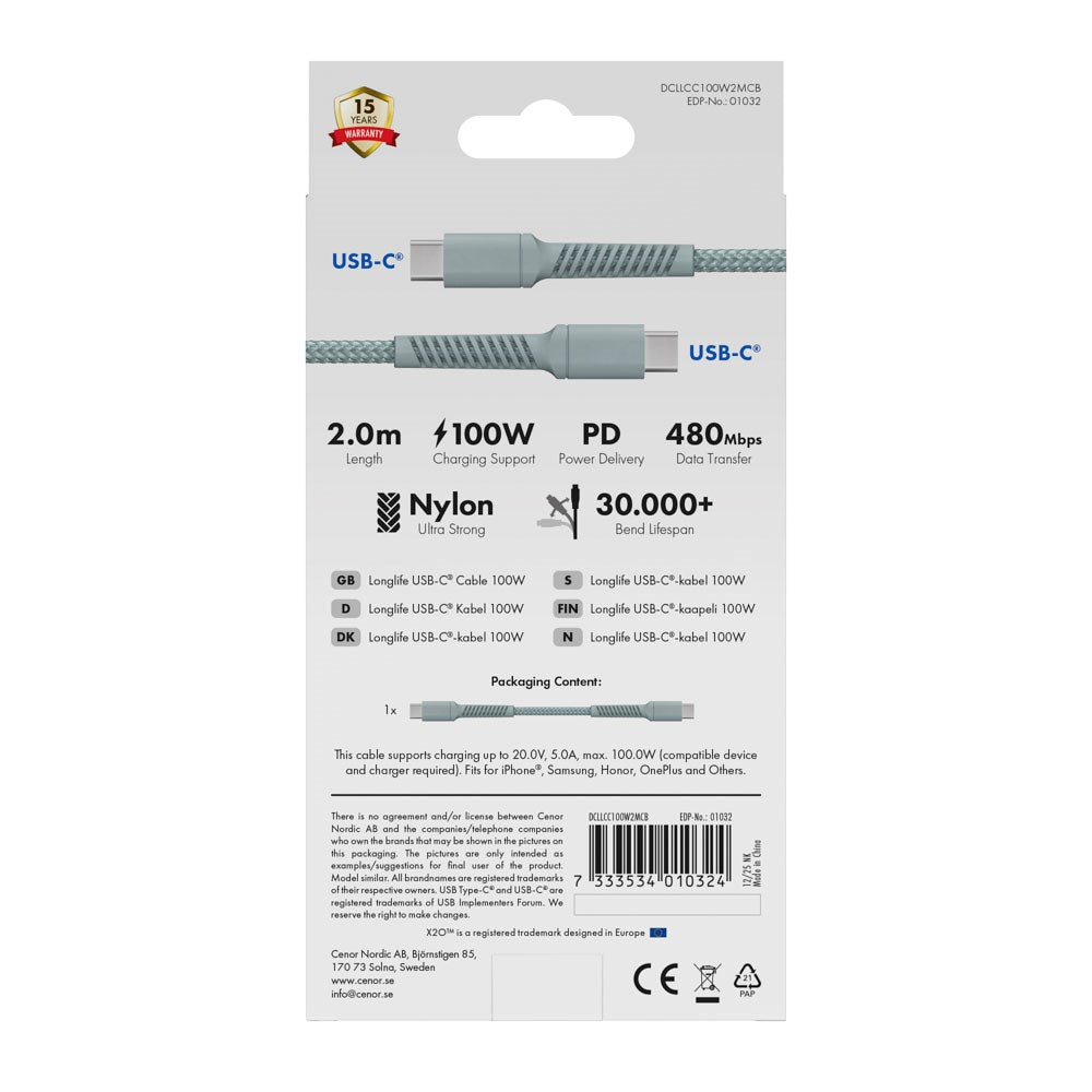 X2O Longlife 100W USB-C til USB-C Kabel - 2m - Blå