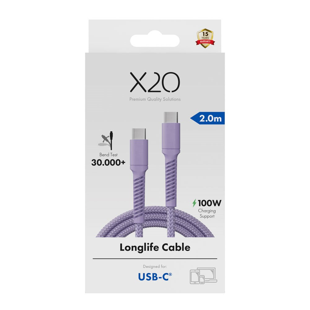 X2O Longlife 100W USB-C til USB-C Kabel - 2m - Lilla