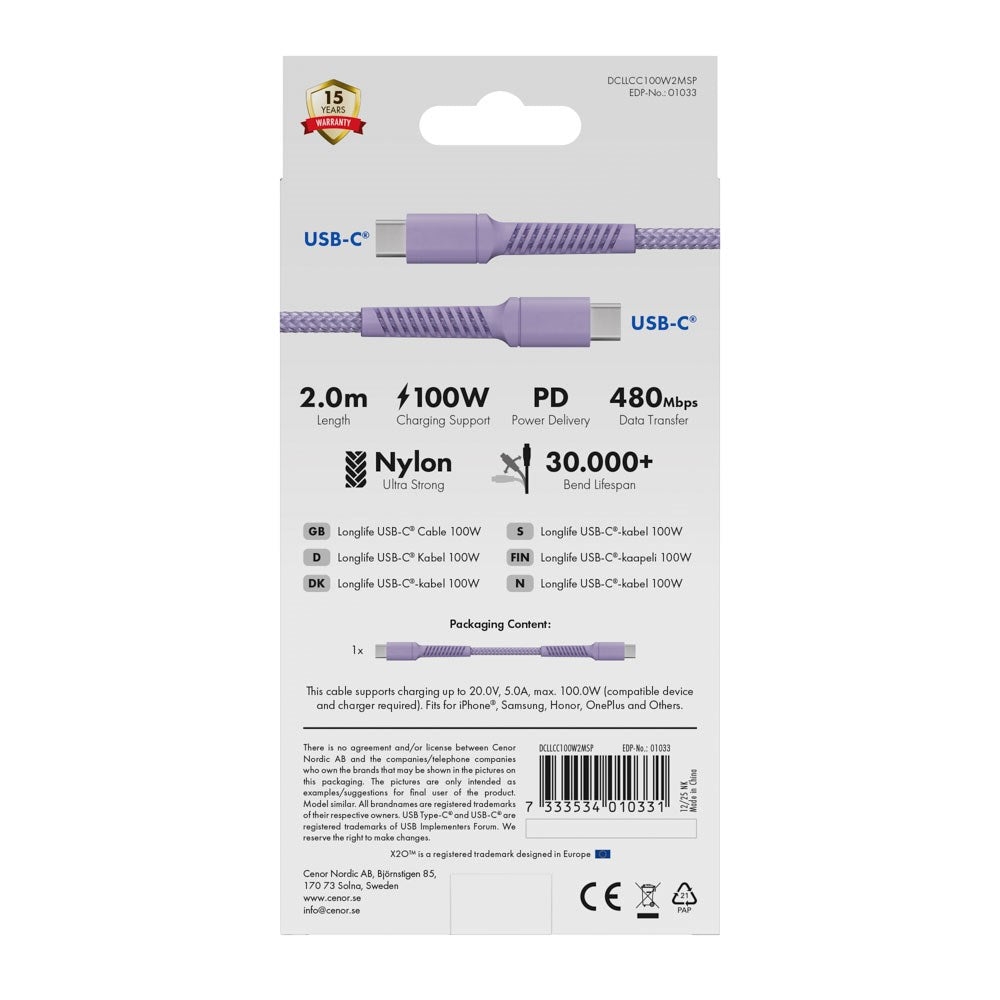 X2O Longlife 100W USB-C til USB-C Kabel - 2m - Lilla