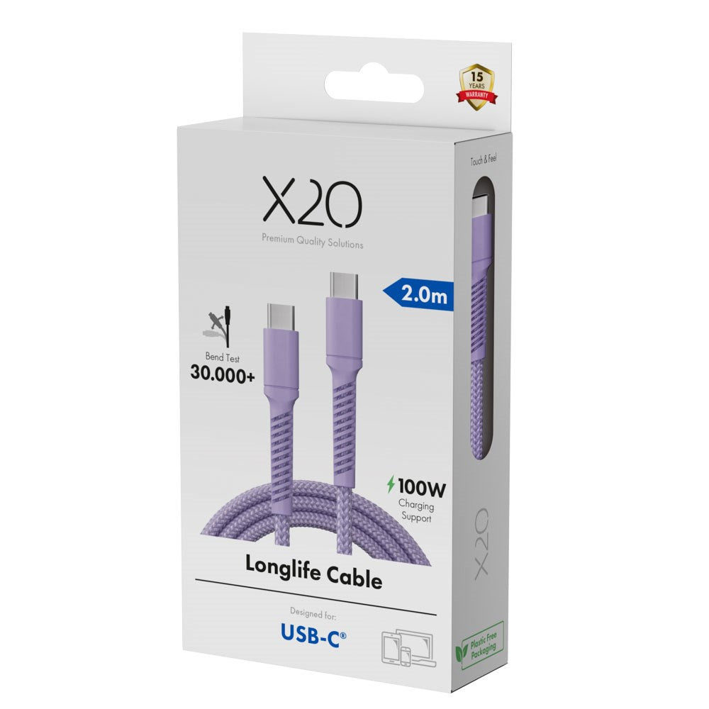 X2O Longlife 100W USB-C til USB-C Kabel - 2m - Lilla