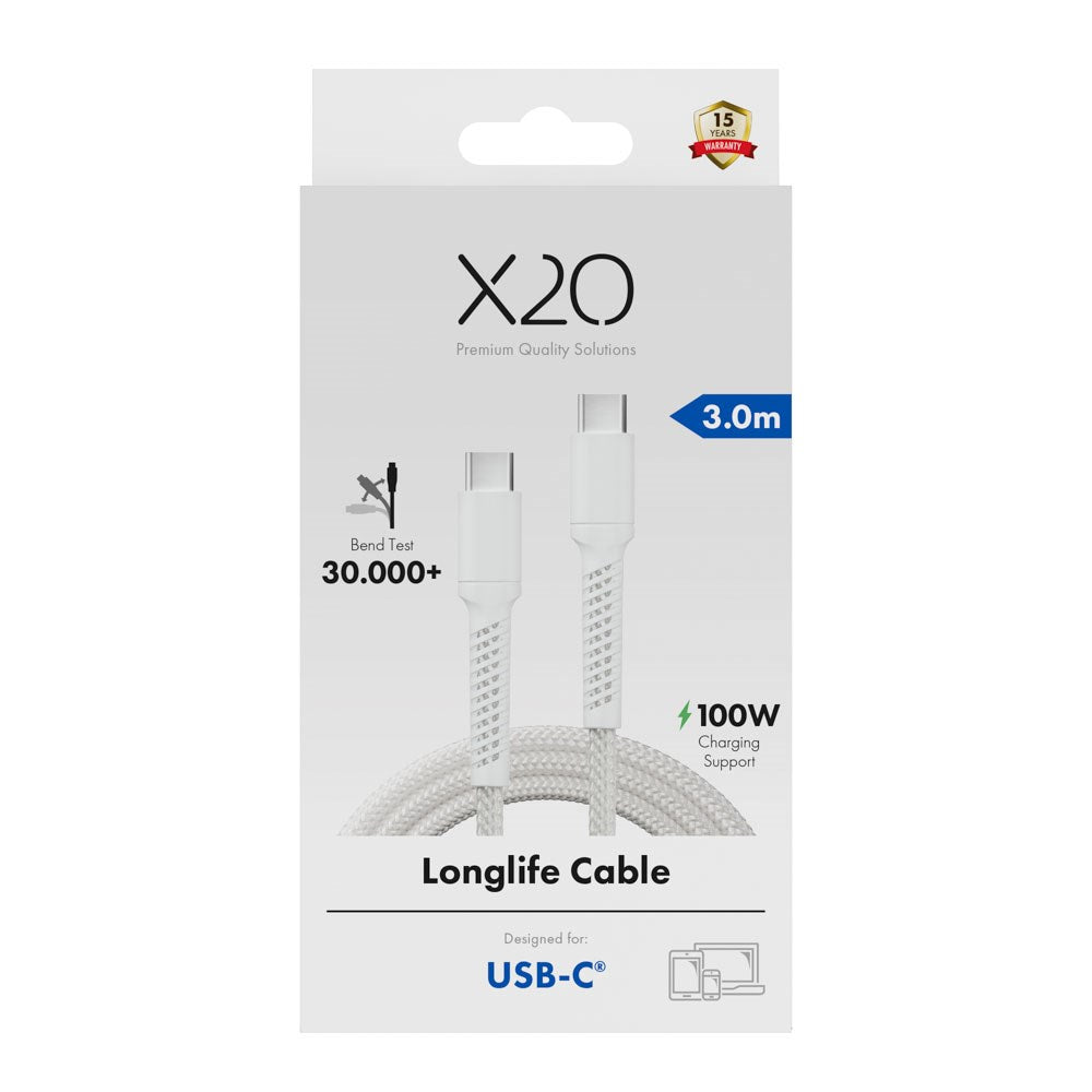 X2O Longlife 100W USB-C til USB-C Kabel - 3m - Hvit