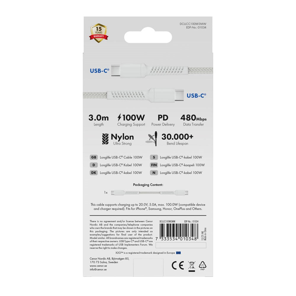 X2O Longlife 100W USB-C til USB-C Kabel - 3m - Hvit