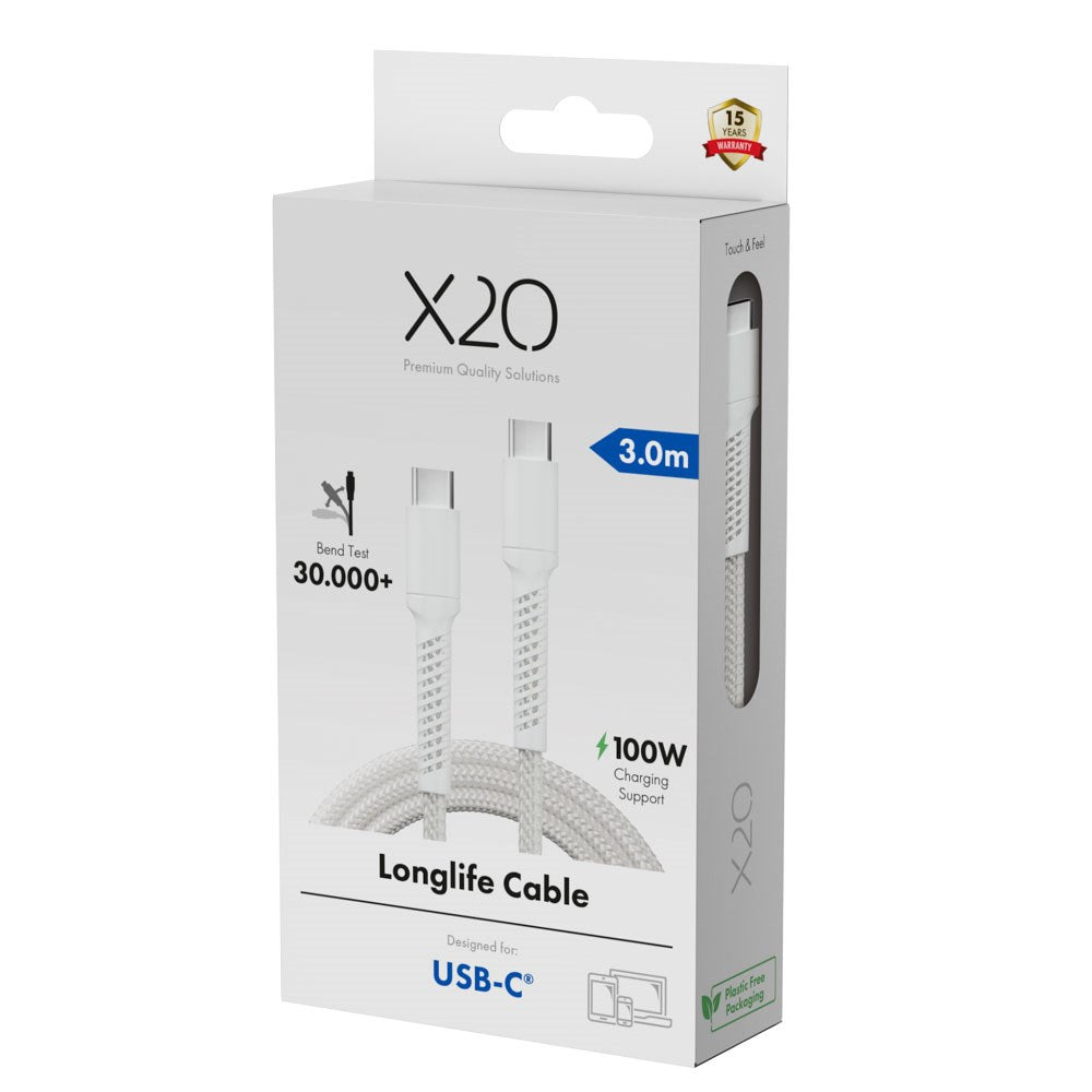X2O Longlife 100W USB-C til USB-C Kabel - 3m - Hvit