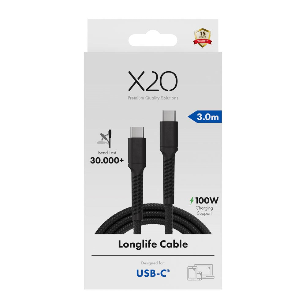 X2O Longlife 100W USB-C til USB-C Kabel - 3m - Svart