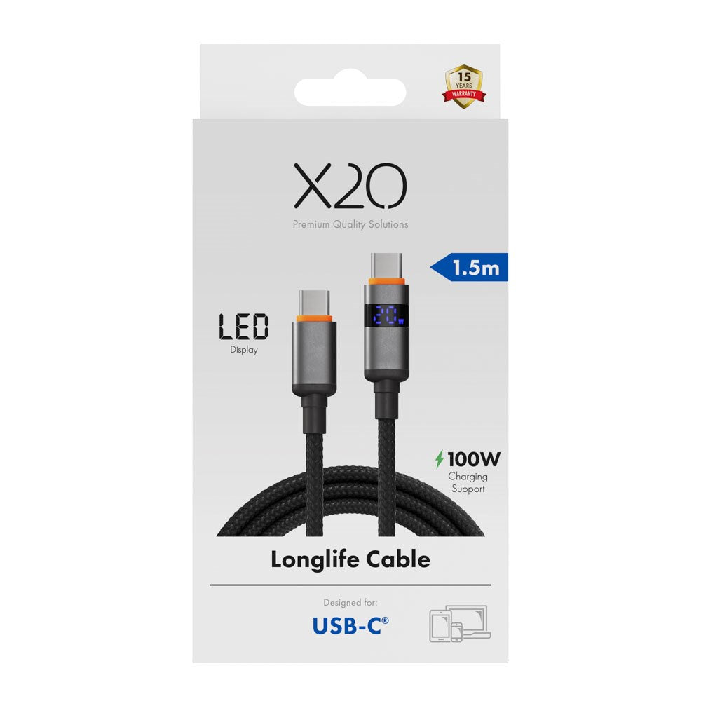 X2O Longlife 100W USB-C til USB-C Kabel m. LED Display - 1.5m - Svart