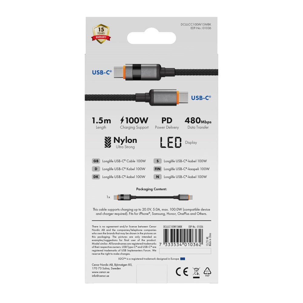 X2O Longlife 100W USB-C til USB-C Kabel m. LED Display - 1.5m - Svart