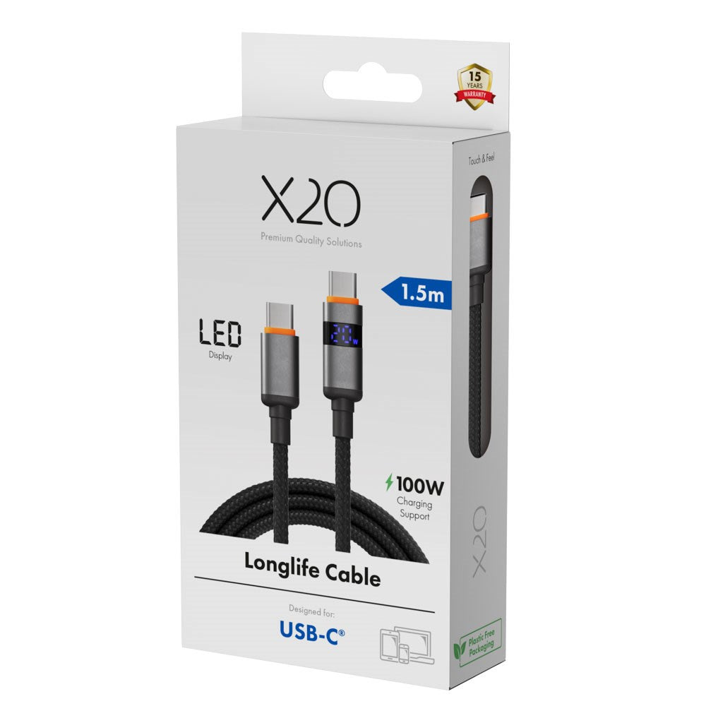 X2O Longlife 100W USB-C til USB-C Kabel m. LED Display - 1.5m - Svart