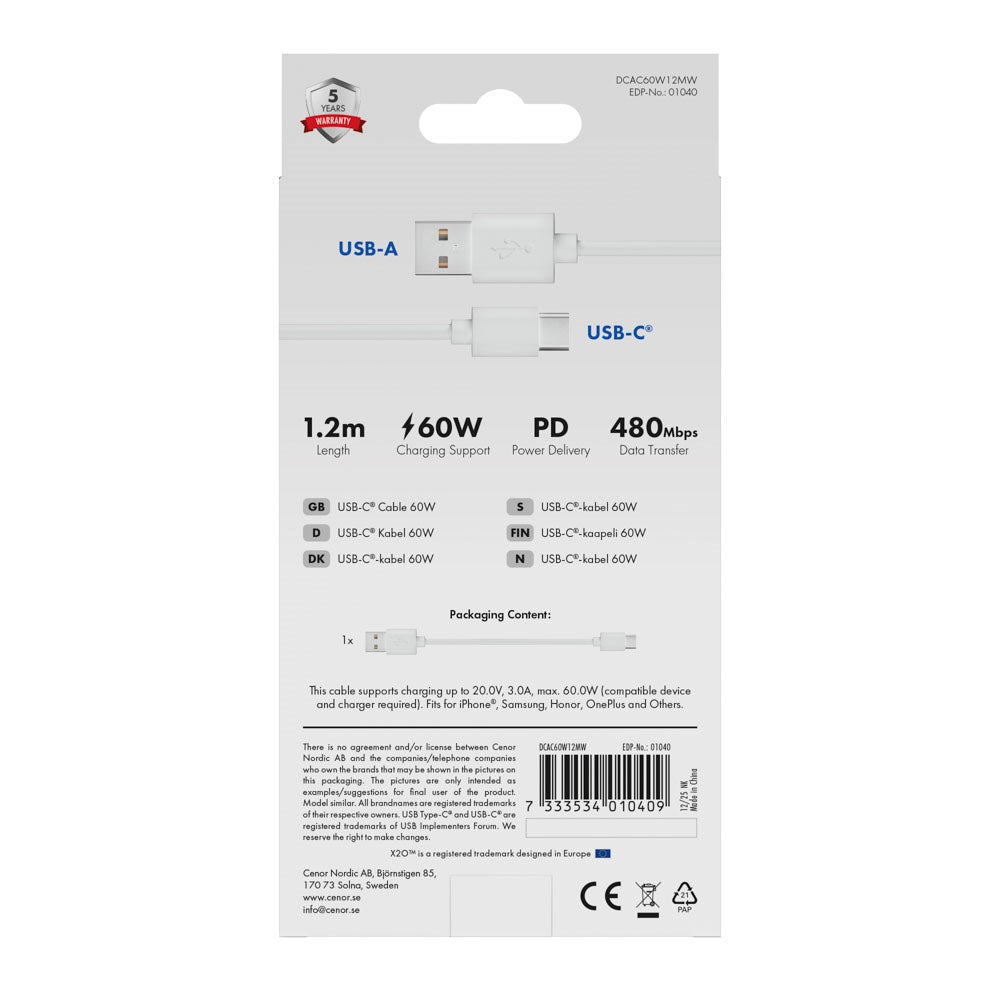 X2O Basic 60W USB-A til USB-C Kabel - 1.2m - Hvit