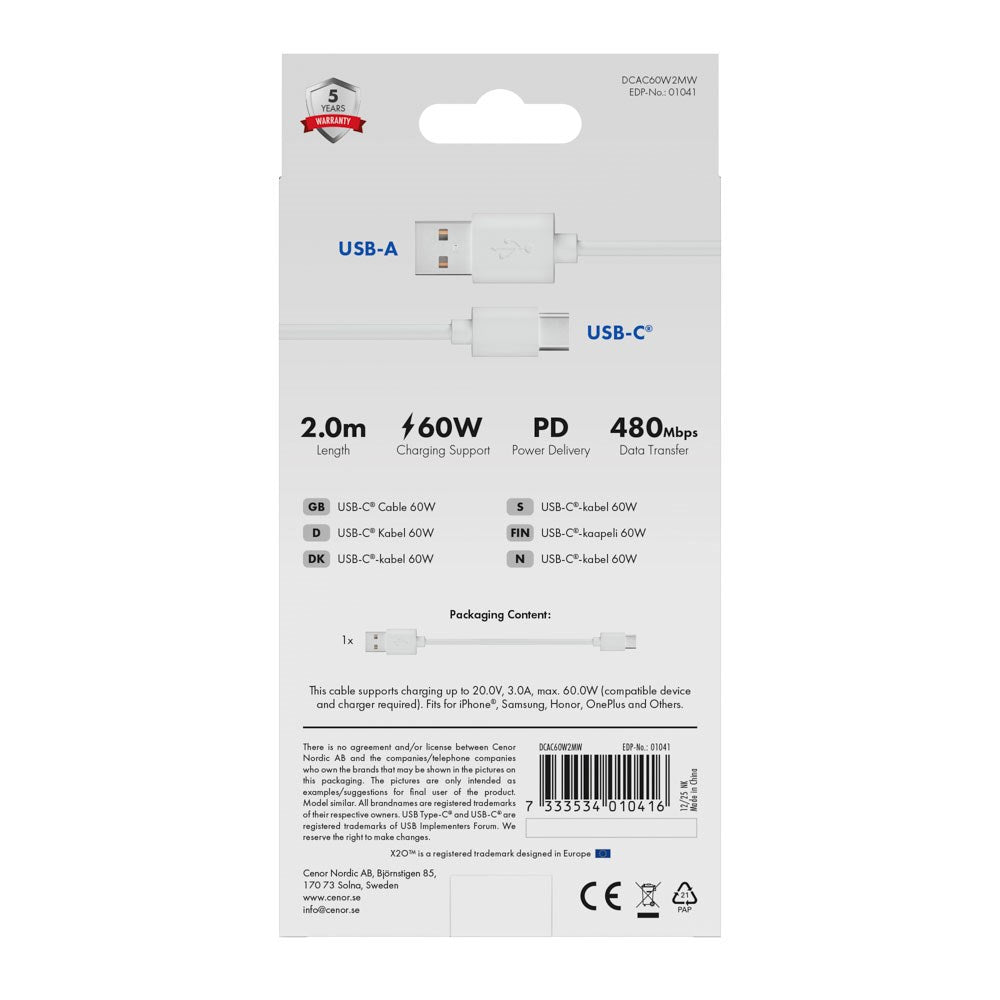 X2O Basic 60W USB-A til USB-C Kabel - 2m - Hvit