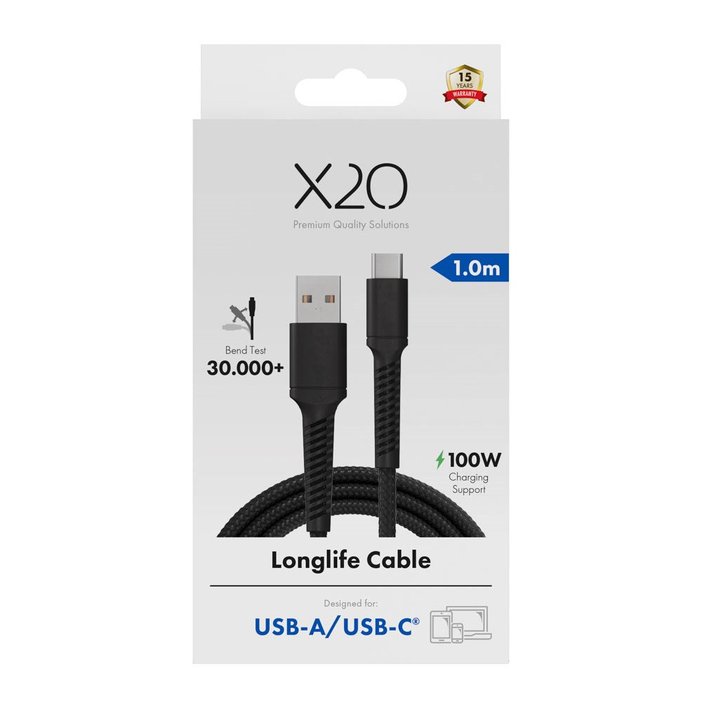 X2O Longlife 60W USB-A til USB-C Kabel - 1m - Svart
