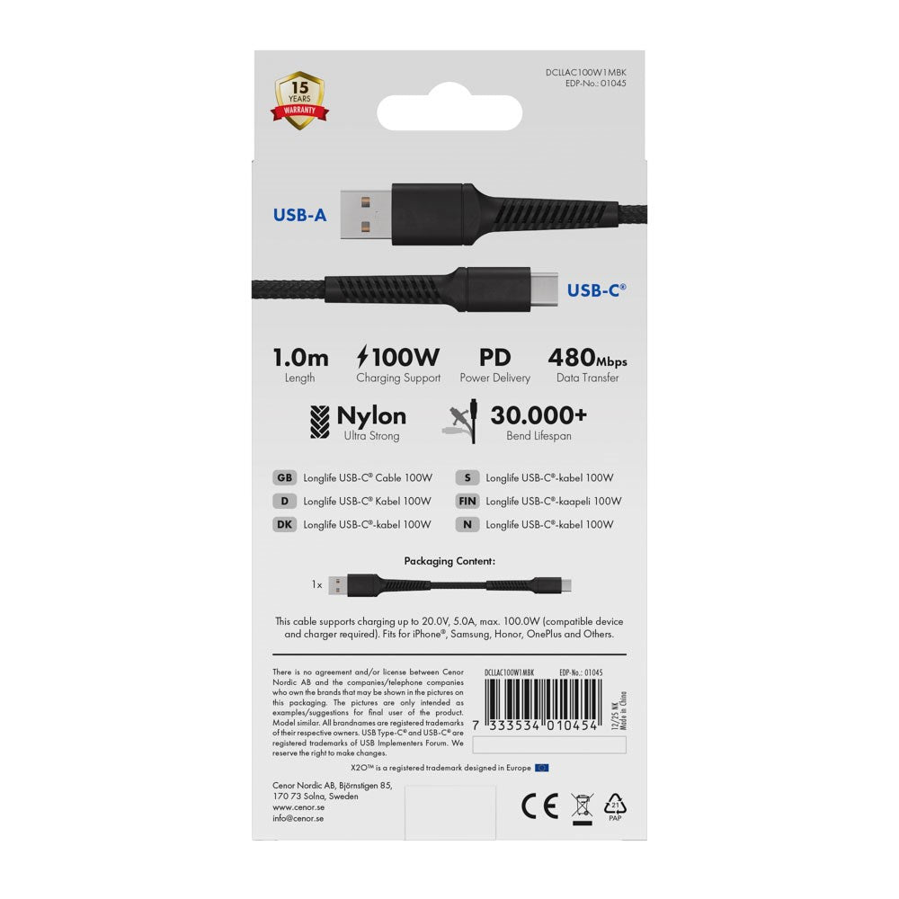 X2O Longlife 60W USB-A til USB-C Kabel - 1m - Svart