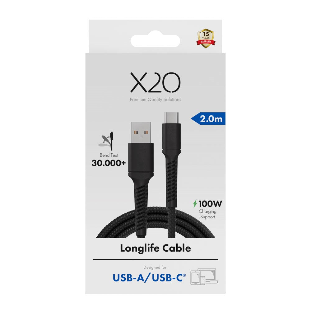 X2O Longlife 60W USB-A til USB-C Kabel - 2m - Svart