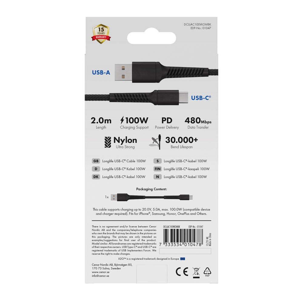 X2O Longlife 60W USB-A til USB-C Kabel - 2m - Svart