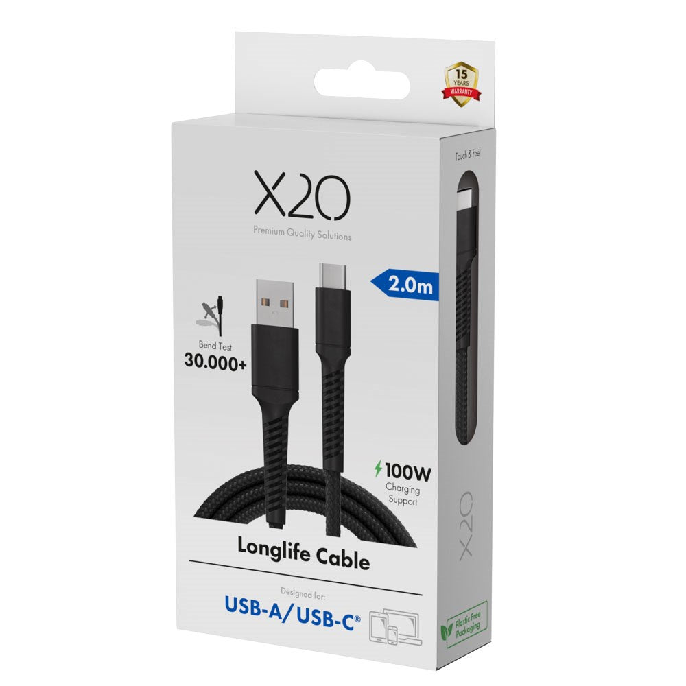 X2O Longlife 60W USB-A til USB-C Kabel - 2m - Svart