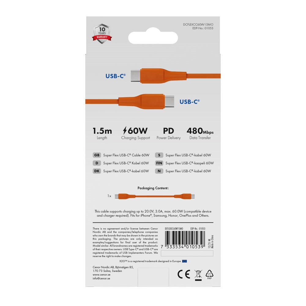 X2O Superflex 60W USB-C til USB-C Kabel - 1.5m - Oransje