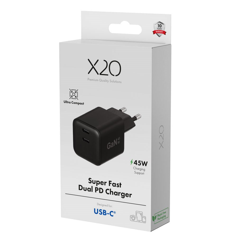 X2O 45W GaN Vegglader m. 2x USB-C - Svart