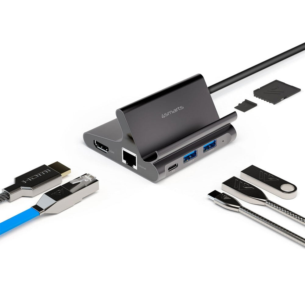 4smarts 7-i-1 USB-C Hub Universal Stativ for Mobil & Nettbrett - Grå