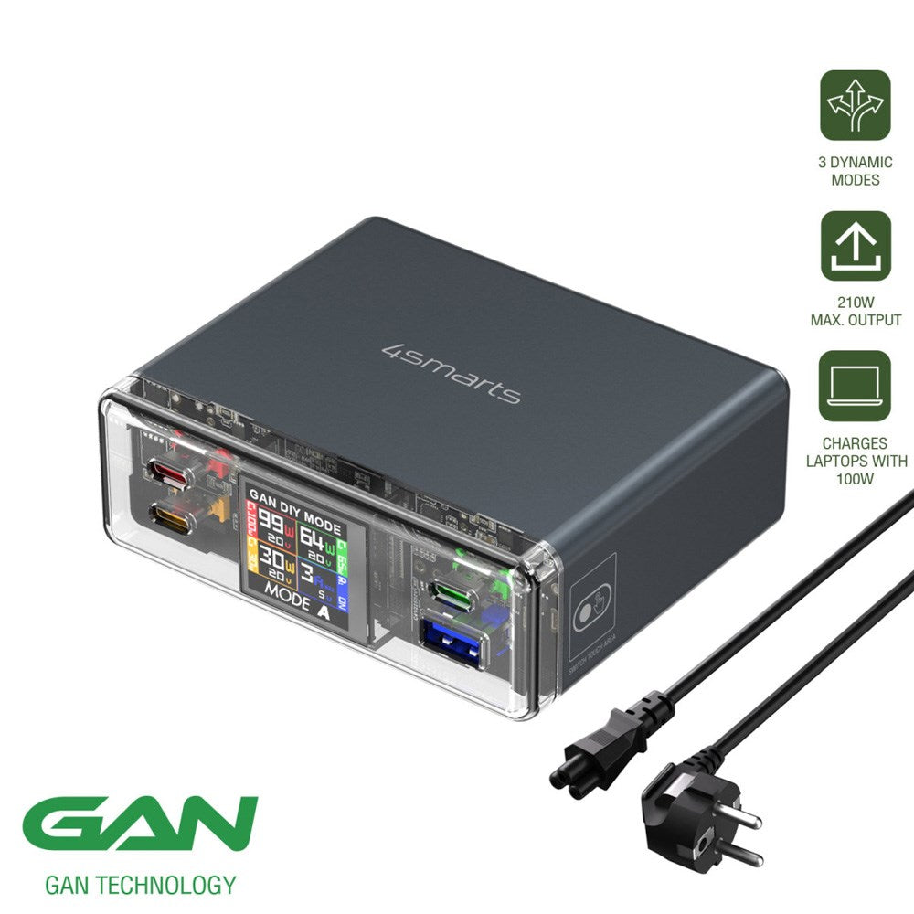 4smarts Lucid GaN DIY Mode Desktop Lader - 210W / 3x USB-C & 1x USB-A - Grå