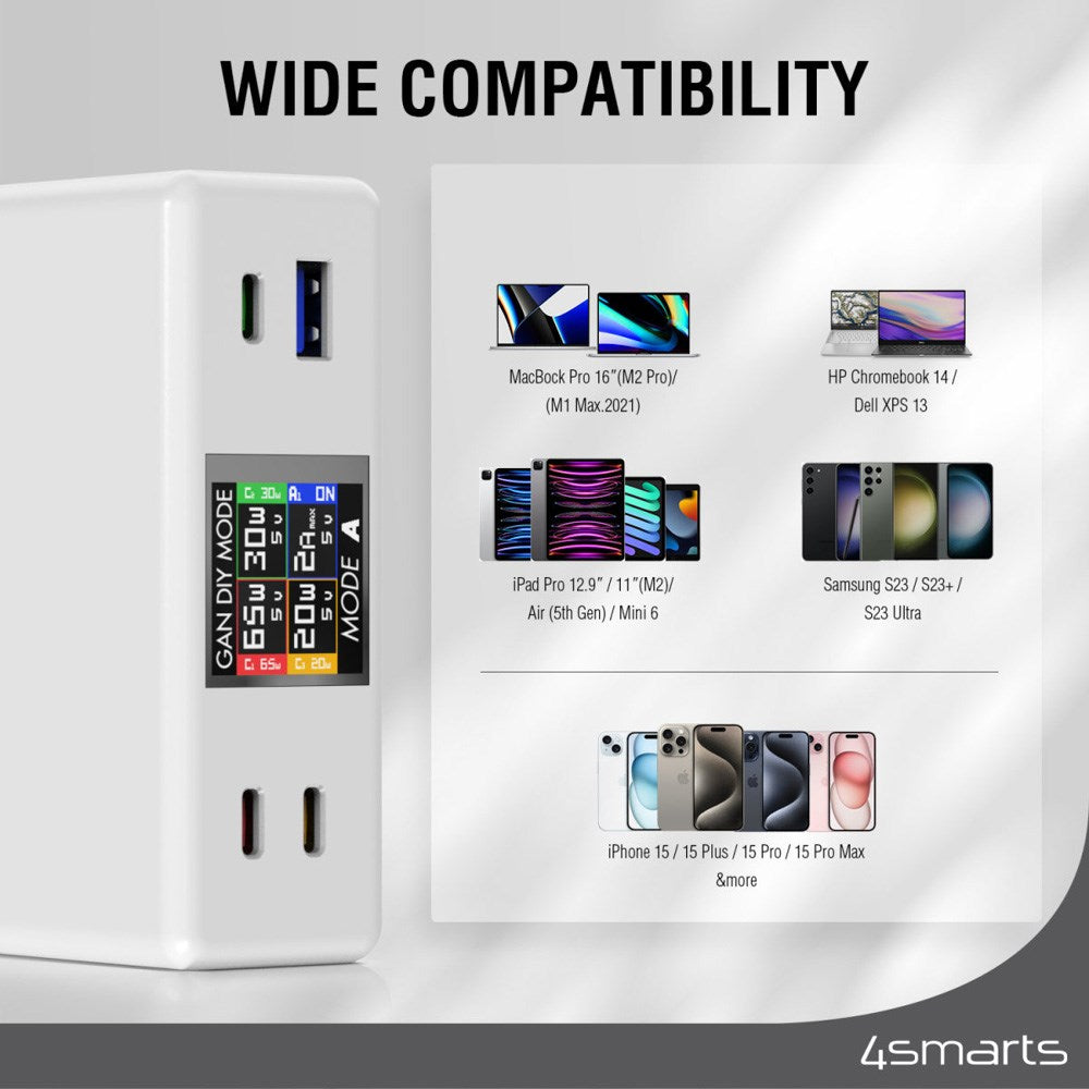 4smarts GaN DIY Mode Desktop Lader - 130W / 3x USB-C & 1x USB-A - Hvit