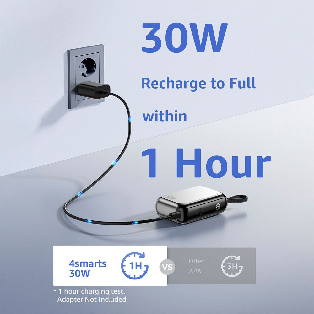 4smarts 10 000 mAh Pocket Powerbank med Integrert USB-C-Kabel 30 W - Sølv