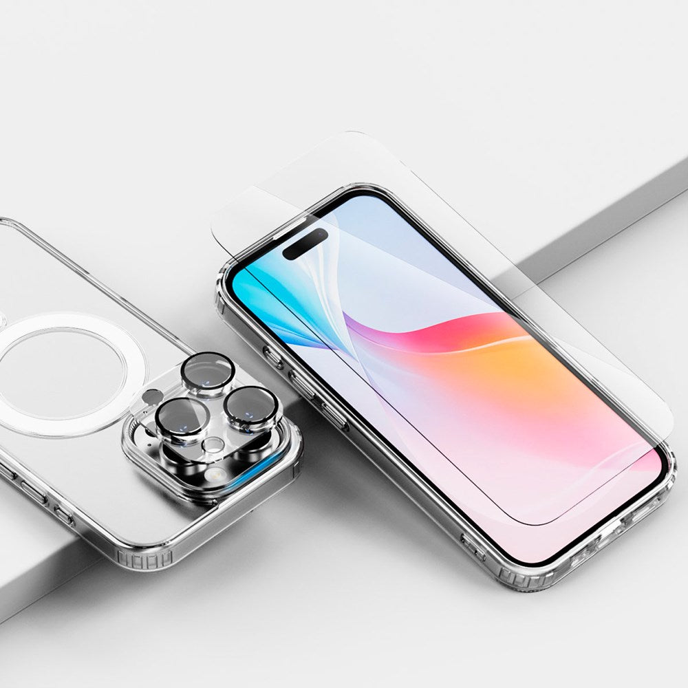 iPhone 16 Pro Max 4smarts Premium Starter Set - MagSafe Deksel, Beskyttelse for Skjerm og Kameralinse & 30W Vegglader - Gjennomsiktig / Hvit