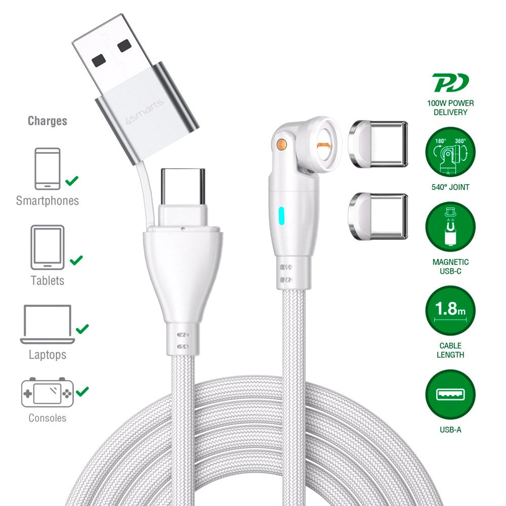 4smarts GravityCord Magnetisk Kabel m. USB-C/A - 100W - 1.8m - Hvit