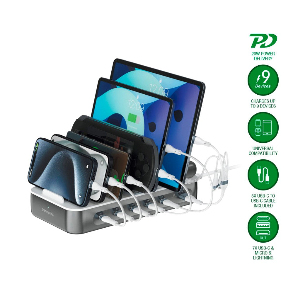 4smarts Ladestasjon m. 9 Lademuligheter - 5x USB-C Kabel & 1x 4-i-2 Multikabel - 100W - Grå / Hvit