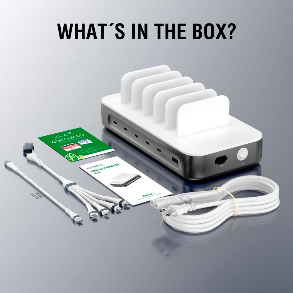 4smarts Ladestasjon m. 9 Lademuligheter - 5x USB-C Kabel & 1x 4-i-2 Multikabel - 100W - Grå / Hvit