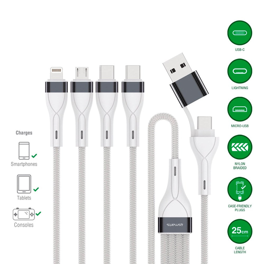 4smarts 4-i-2 Multi Ladekabel - USB-C / USB-A / Lightning / Micro USB - 25cm - Hvit