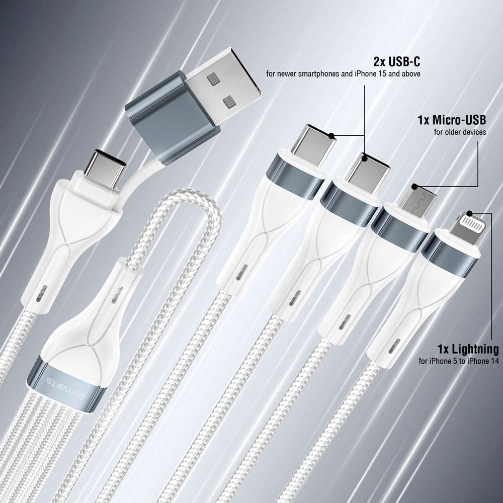 4smarts 4-i-2 Multi Ladekabel - USB-C / USB-A / Lightning / Micro USB - 25cm - Hvit