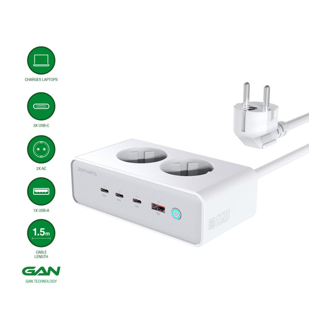 4smarts 6-i-1 Bordlader - 65W - 2x AC Plugg / 3x USB-C / 1x USB-A - Hvit