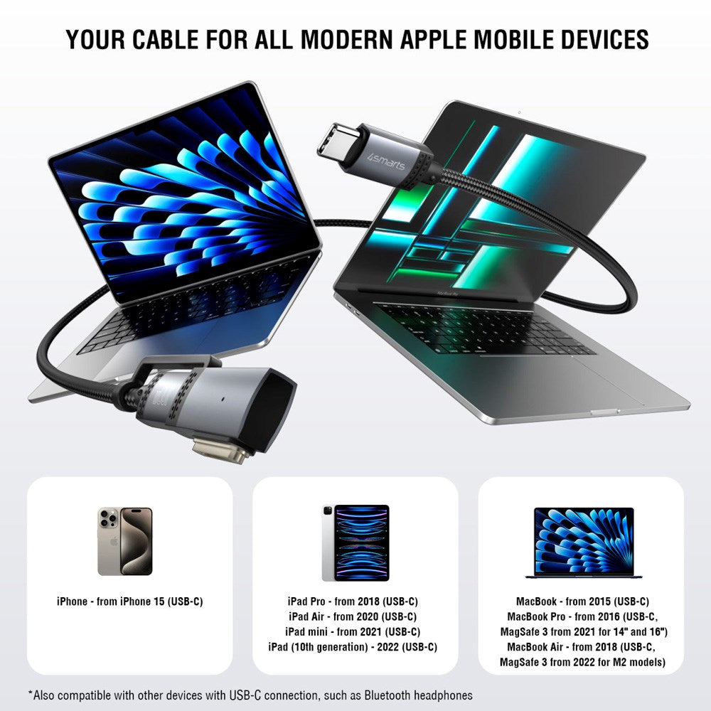 4smarts 2-i-1 Ladekabel - USB-C Kabel & MagSafe 3 Adapter - 100W / 2m - Svart