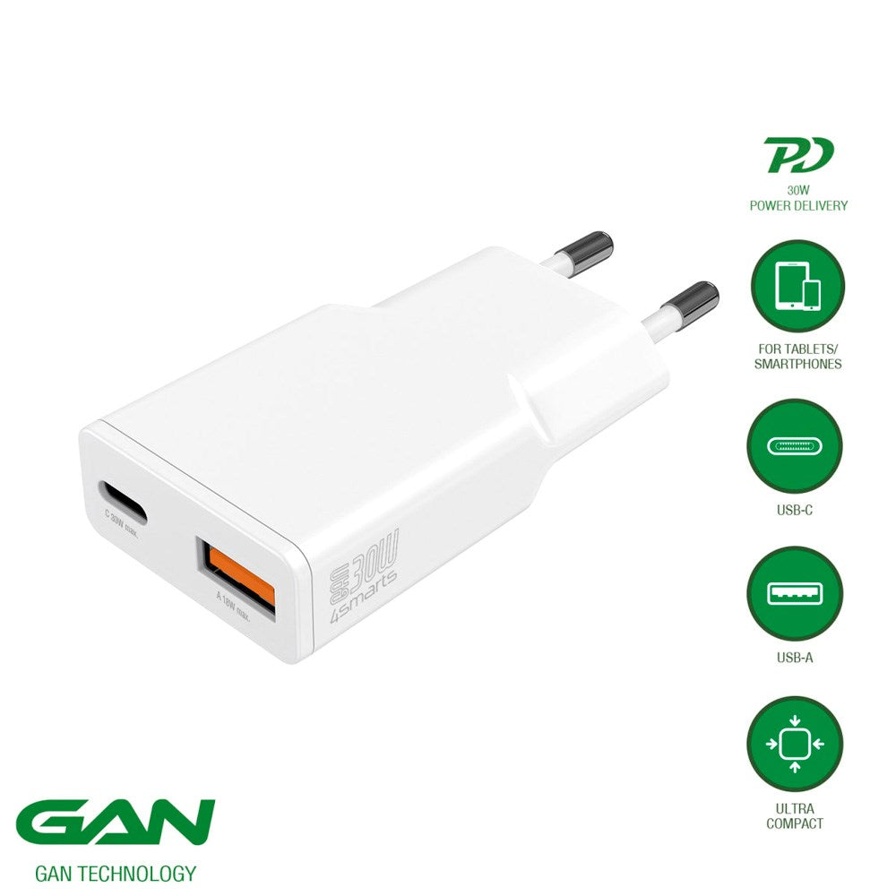 4smarts 2-i-1 Vegglader - 18W USB-A / 30W USB-C - Hvit