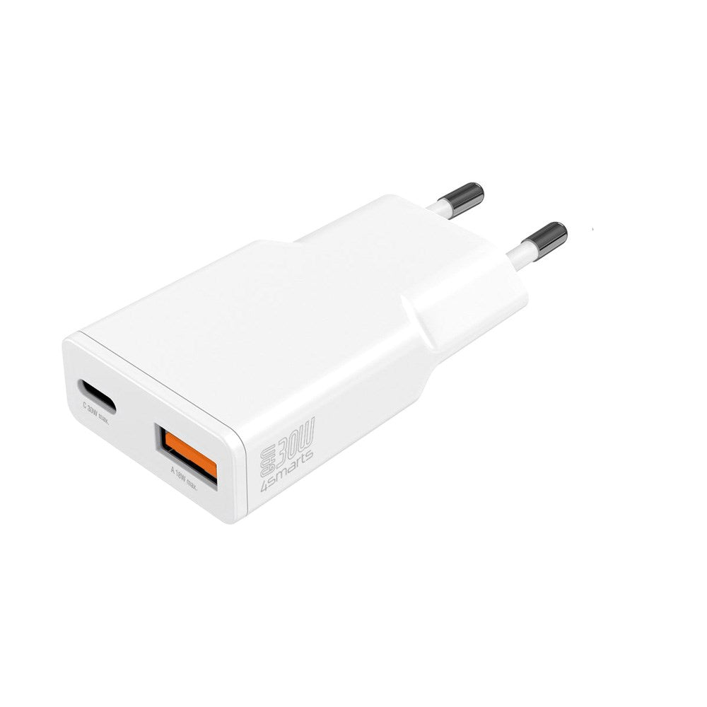 4smarts 2-i-1 Vegglader - 18W USB-A / 30W USB-C - Hvit