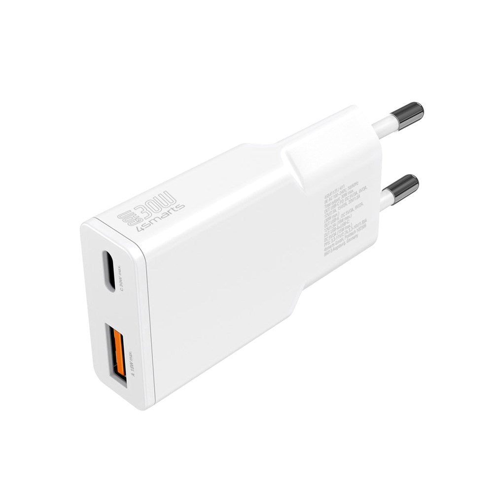 4smarts 2-i-1 Vegglader - 18W USB-A / 30W USB-C - Hvit