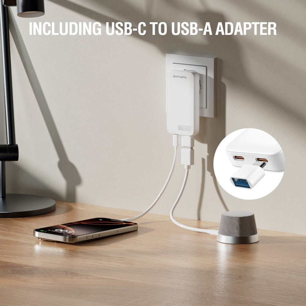 4smarts FlatPlug Slim Dual Vegglader - 65W / 2x USB-C - Hvit