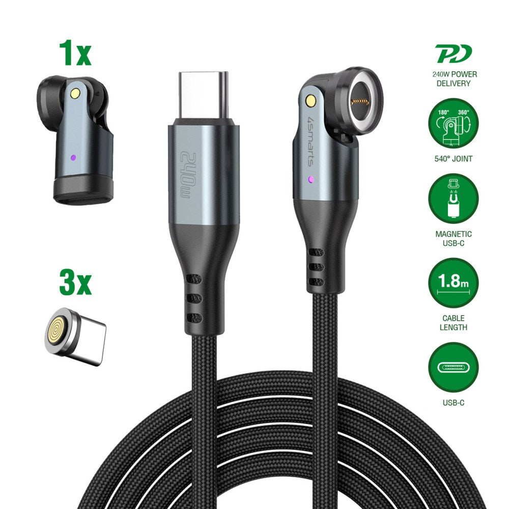 4smarts GravityCord Magnetisk Kabel m. USB-C - 240W - 1.8m - Svart