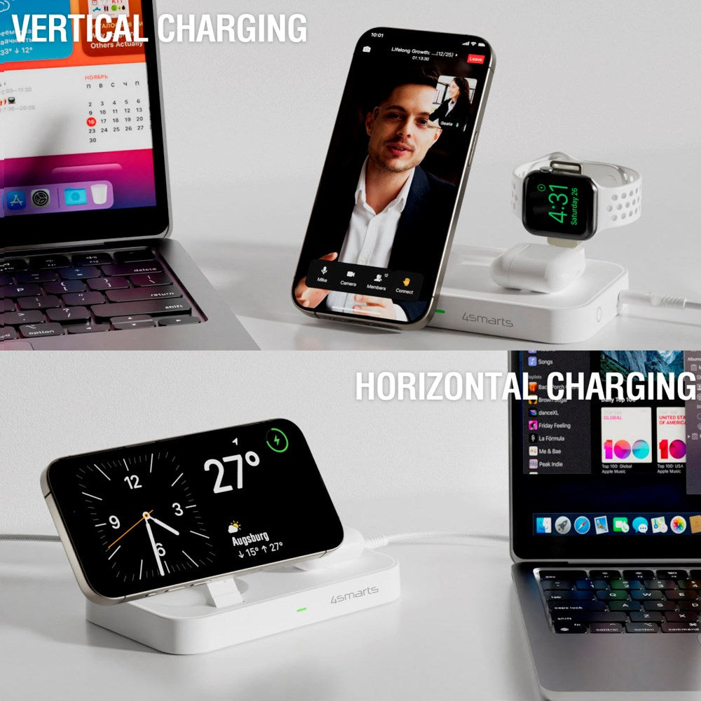 4smarts 3-i-1 Qi2 Trådløs Ladestasjon - MagSafe Kompatibel - Hvit